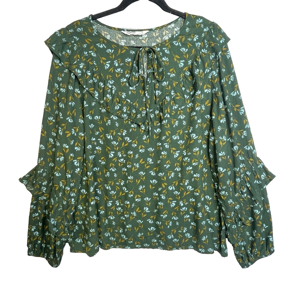 Sonoma Women's Size XL Ruffle‎ Peasant Blouse Tie  Green Blue Gold Floral BOHO